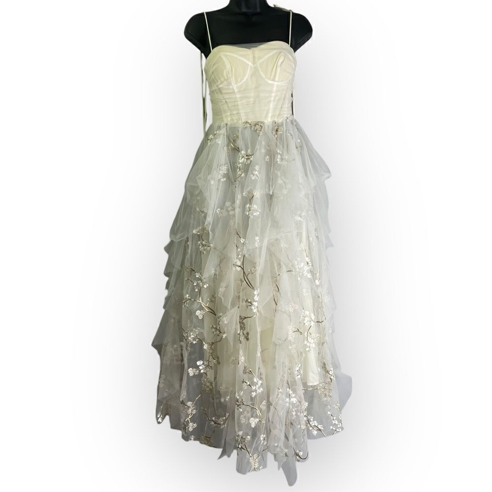 OHVIVI Off-White Applique See Through Tulle Prom Formal Dress Cherry Blossom